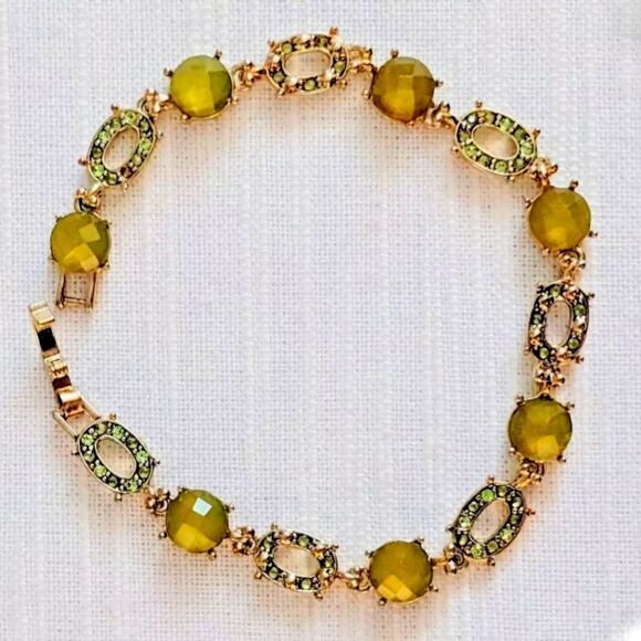 Liz Claiborne Gold Tone w/ Green Rhinestones Green Stones Bracelet 8" - Picture 1 of 5